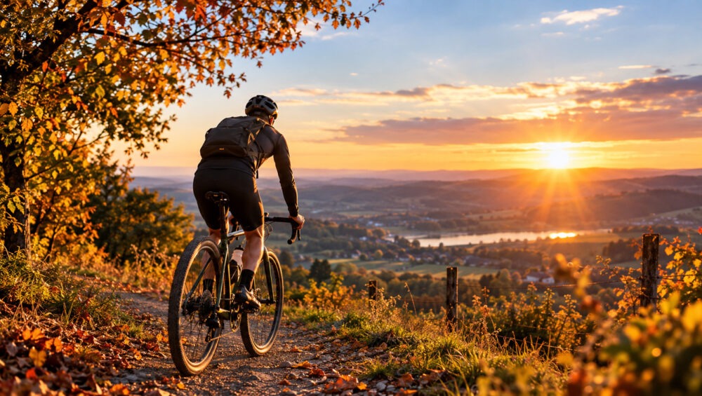 Radfahrer mit Gravelbike im Spätsommer bei Sonnenuntergang