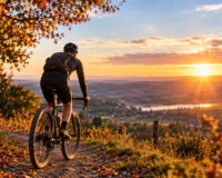 Radfahrer mit Gravelbike im Spätsommer bei Sonnenuntergang