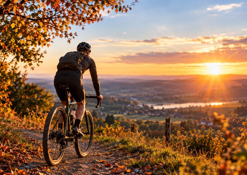 Radfahrer mit Gravelbike im Spätsommer bei Sonnenuntergang